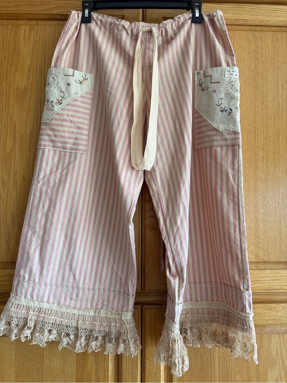 Handmade New One of A Kind cotton drawstring Striped  Cropped Cargo pants size L
